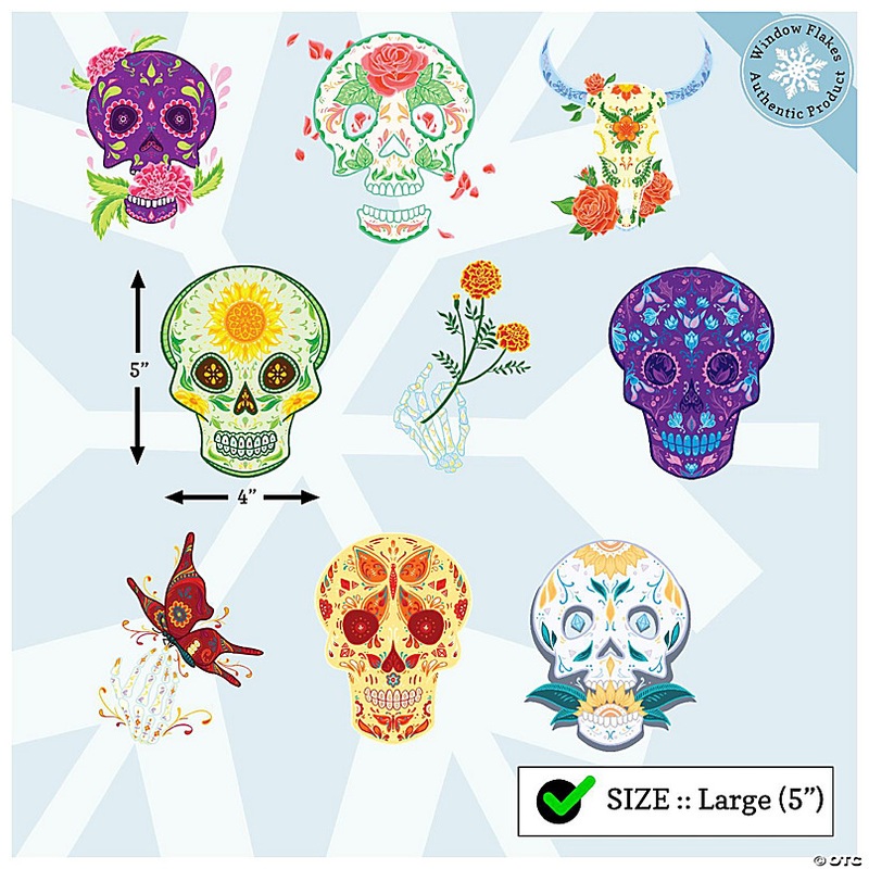 WINDOW FLAKES LARGE SUGGAR SKULLS DAY OF THE DEAD WINDWO CLING DECORATION DECALS