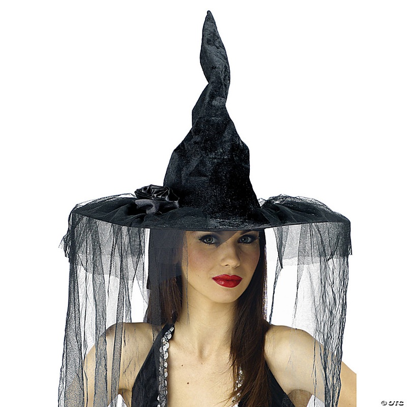 Adults Deluxe Black Velour Witch Hat with Rose & Veil