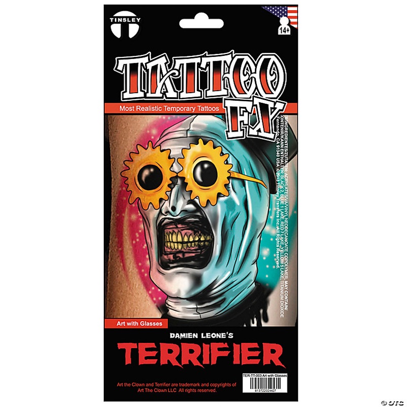 Tinsley Transfers Terrifier 3 Art the Clown with Sunglasses Temporary Tattoo
