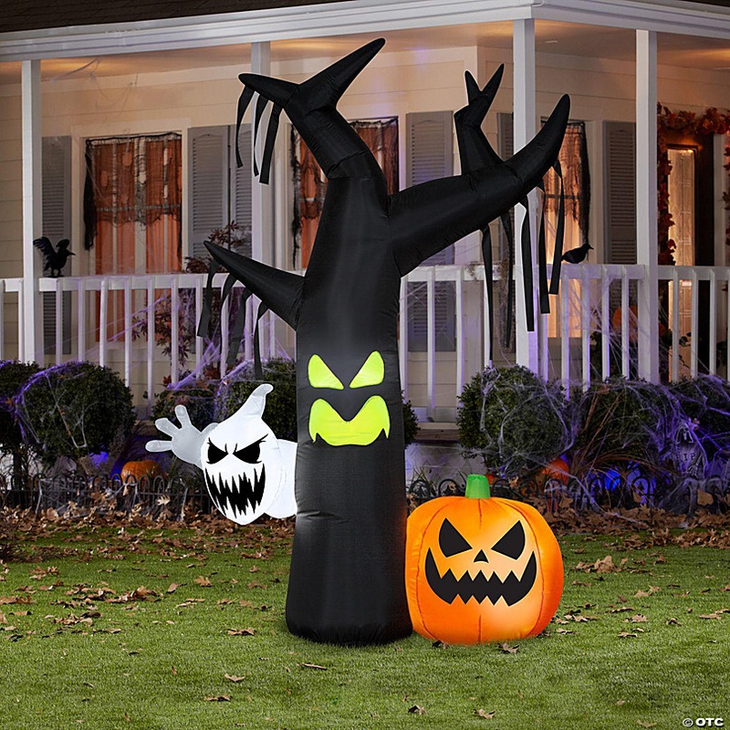 Gemmy Airblown Tree with Ghost & JOL Scene OPP  7 ft Tall  black