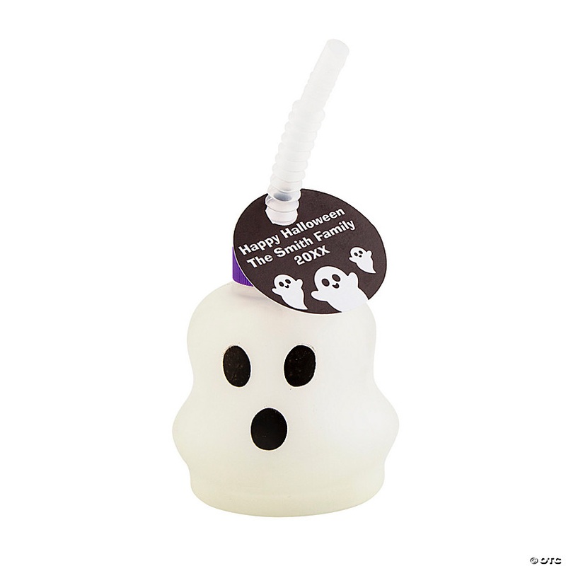 Personalized Ghost-Shaped Frosted Reusable BPA-Free Plastic Cups with Straws & Tags - 12 Pc.