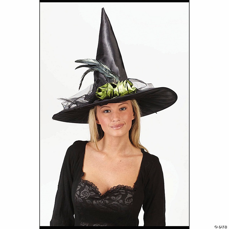 Fancy Feather & Rose Black Witch Hat Costume Accessory