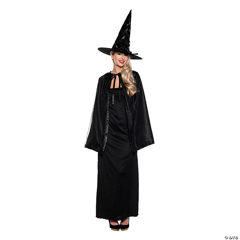Adults Black Witch Cape & Hat Costume Set OS