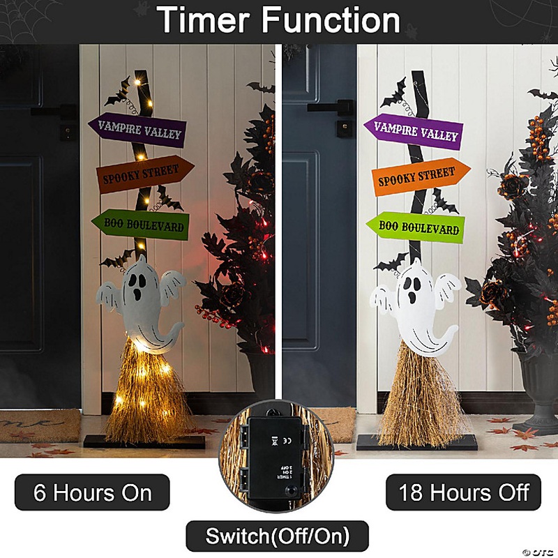 Glitzhome 41.75H Lighted Wooden Ghost's Broom Porch Decor w/Timer(KD)