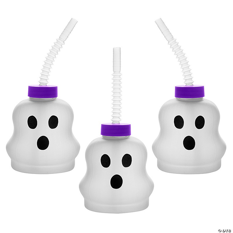 14 oz. Ghost-Shaped Frosted Reusable BPA-Free Plastic Cups with Lids & Straws - 12 Ct.
