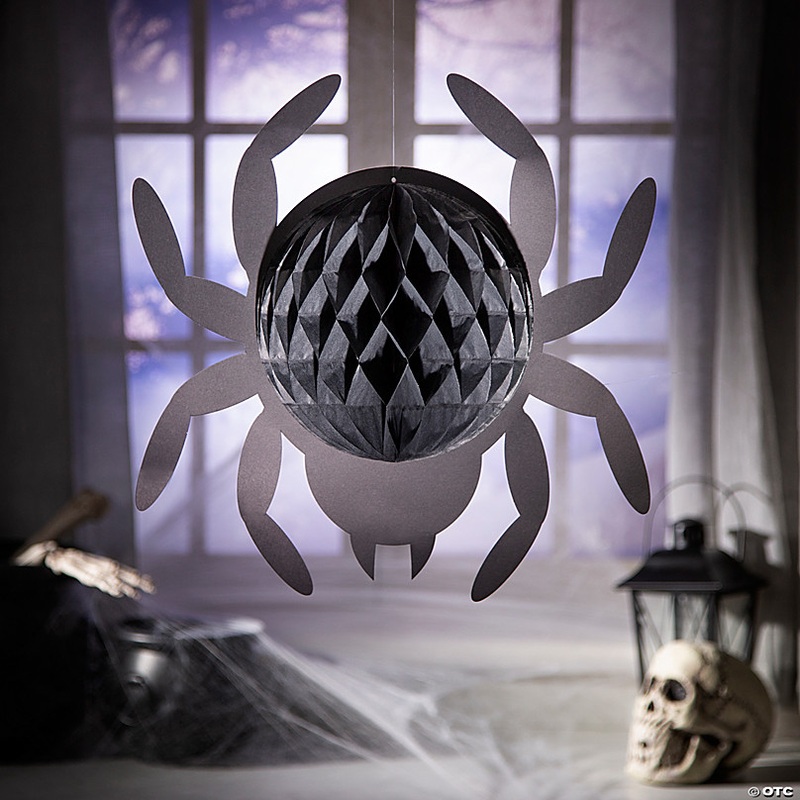 16 Large Black Hanging Honeycomb Tissue Paper Spiders - 4 Pc.