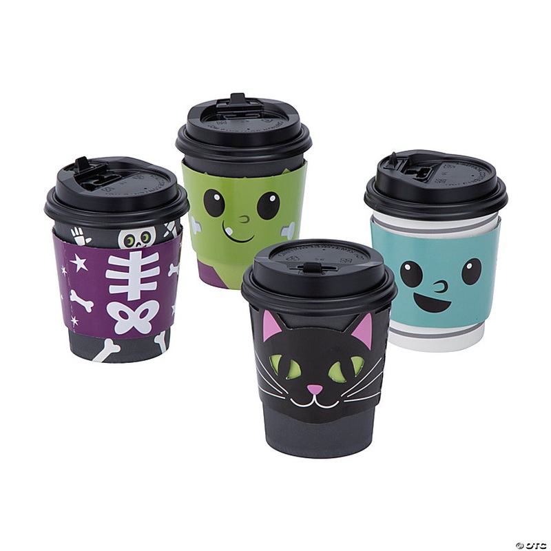 9 oz. Cute Monster Disposable Paper Coffee Cups with Lids & Sleeves - 12 Ct.