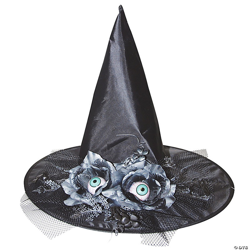 Adults Black Witch Hat with Flowers & Eyes