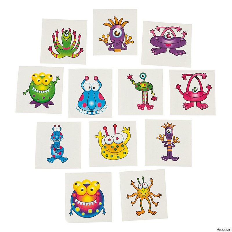 1/2 Bulk 72 Pc. Bright Colors Smiling Monster Temporary Tattoos