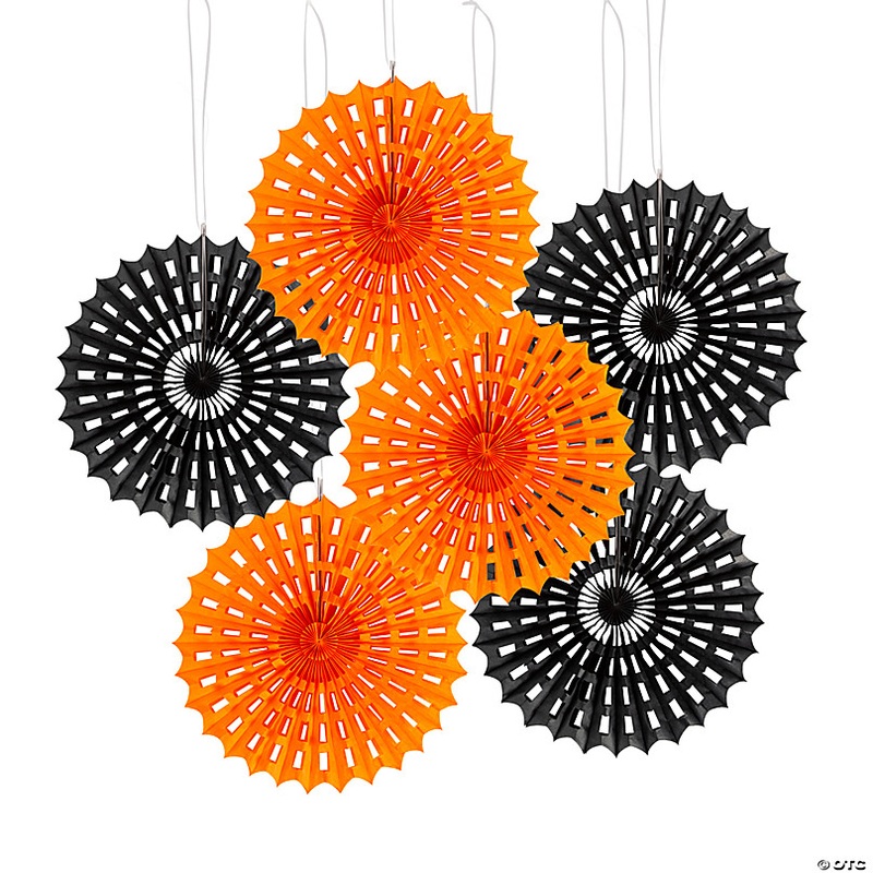 14 Black & Orange Spider Web Hanging Tissue Paper Fans - 6 Pc.