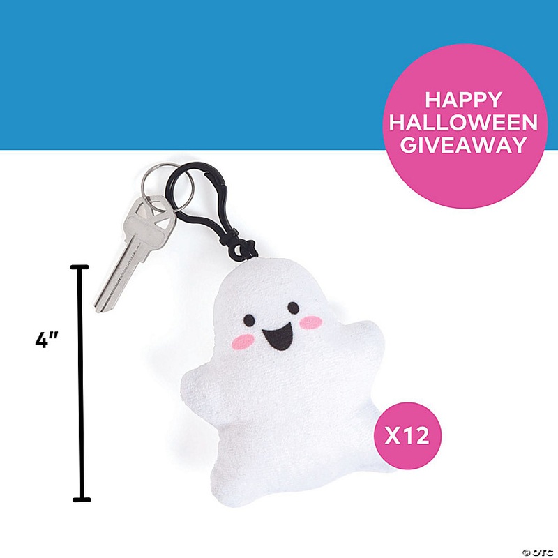 4 Happy White Ghost Stuffed Backpack Clip Keychains - 12 Pc.