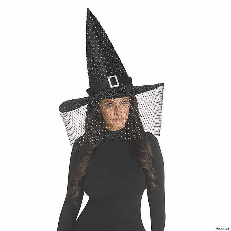 Adults Black Polyester Witch Hat with Bling Buckle and Netted Veil Costume Accessory