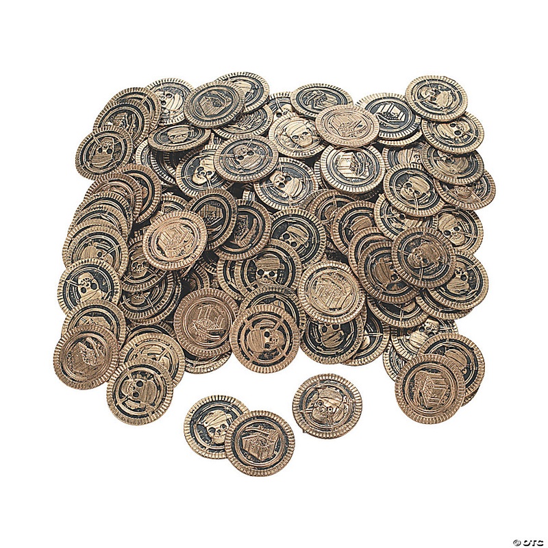 1 1/2 Bulk 144 Pc. Pirate Skull & Crossbones Gold Plastic Coins