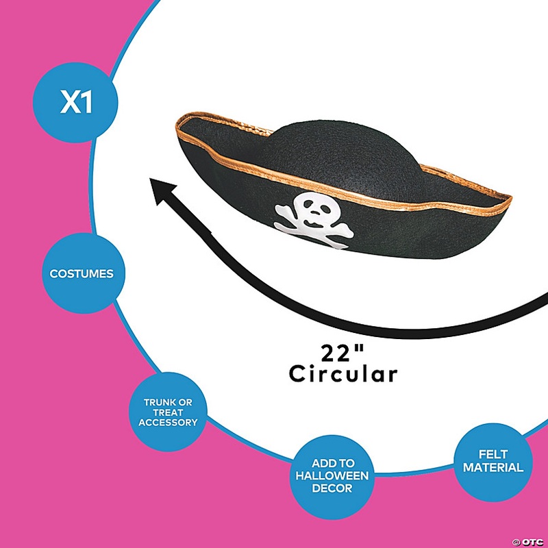 22 circ. Black Pirate Jolly Roger Skull & Crossbones Felt Hat