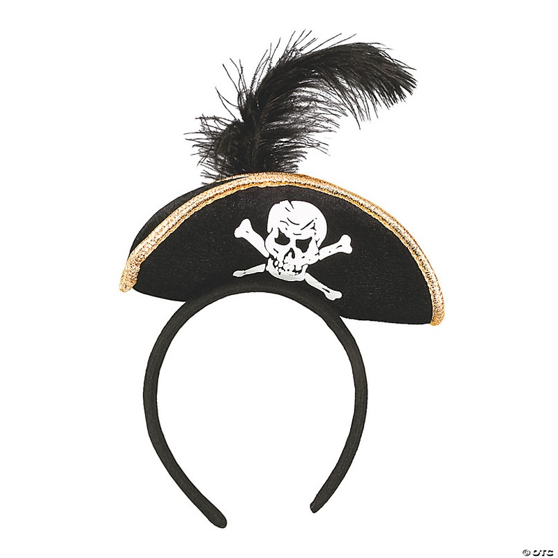 4 x 5 1/2 Skull & Crossbones Pirate Hat-Topped Black Polyester Headband