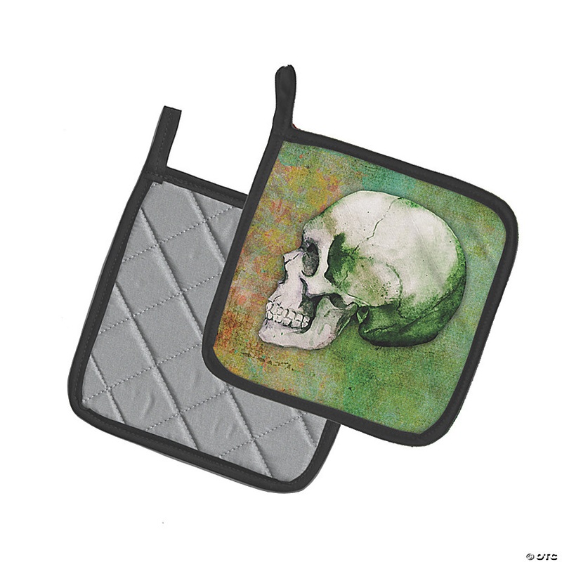 Caroline's Treasures Day of the Dead Green Skull Pair of Pot Holders, 7.5 x 7.5, Seasonal