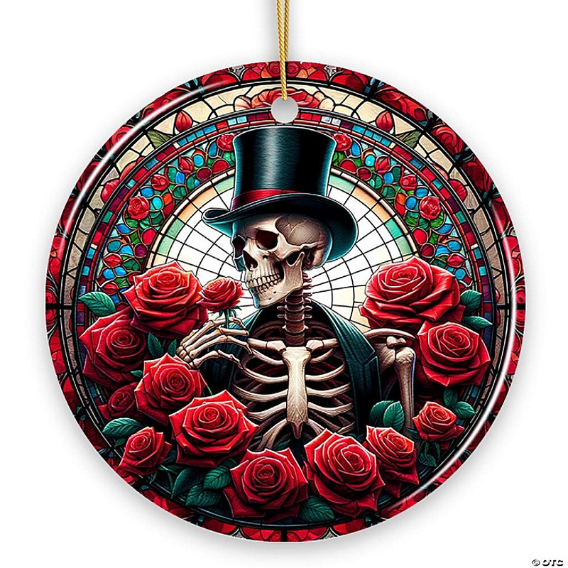Elegant Bones Top-Hat Skeleton with Roses Stained Glass Style Ceramic Ornament, Halloween Themed Christmas Gift and Decor, OrnamentallyYou