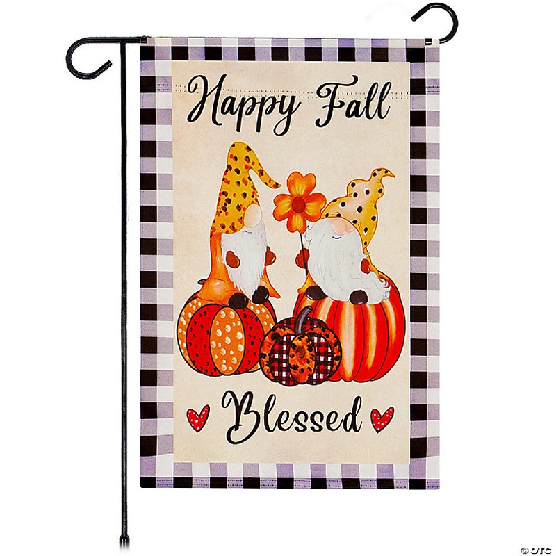 G128 12x18 Blockout Fabric Happy Fall Blessed Two Gnomes on Pumpkins Garden Flag