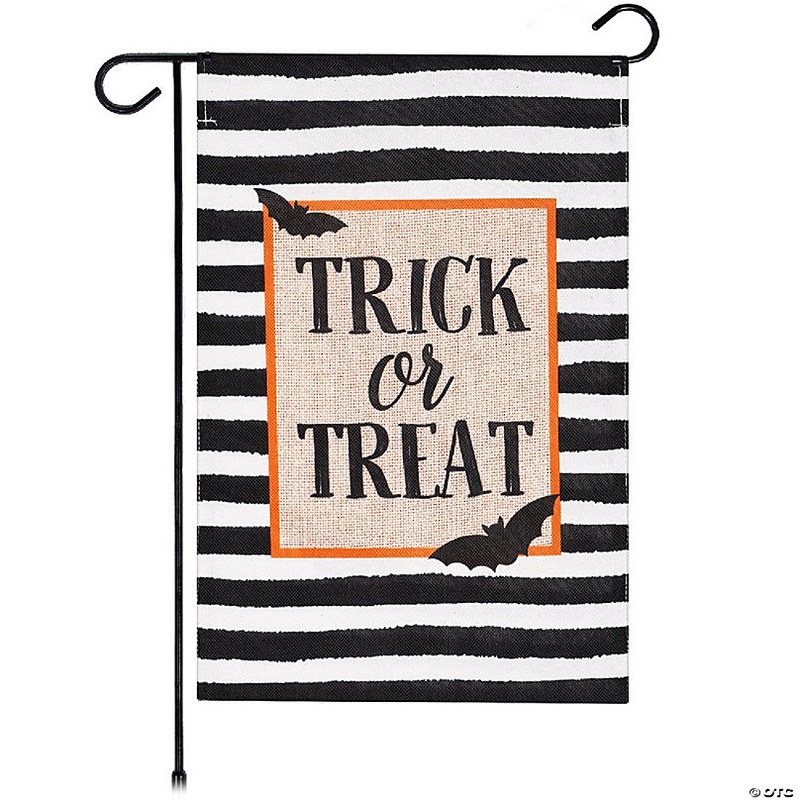 G128 - Garden Flag Halloween Decoration Trick or Treat Bats and Black and White Stripes 12x18 Burlap Polyester