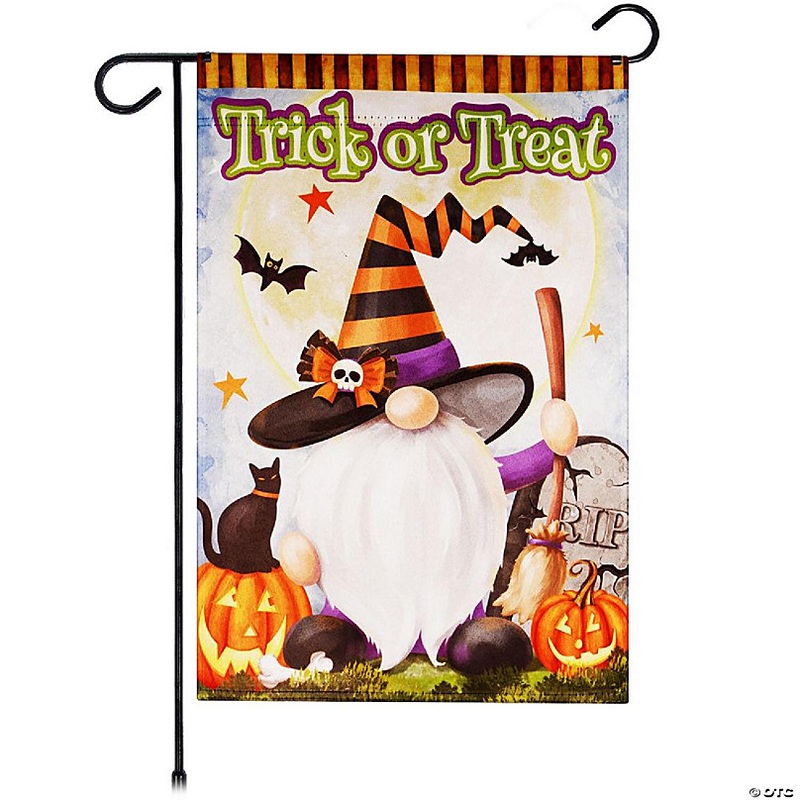 G128 - Garden Flag Halloween Decoration Trick or Treat Witch Hat Gnome with Broom 12x18
