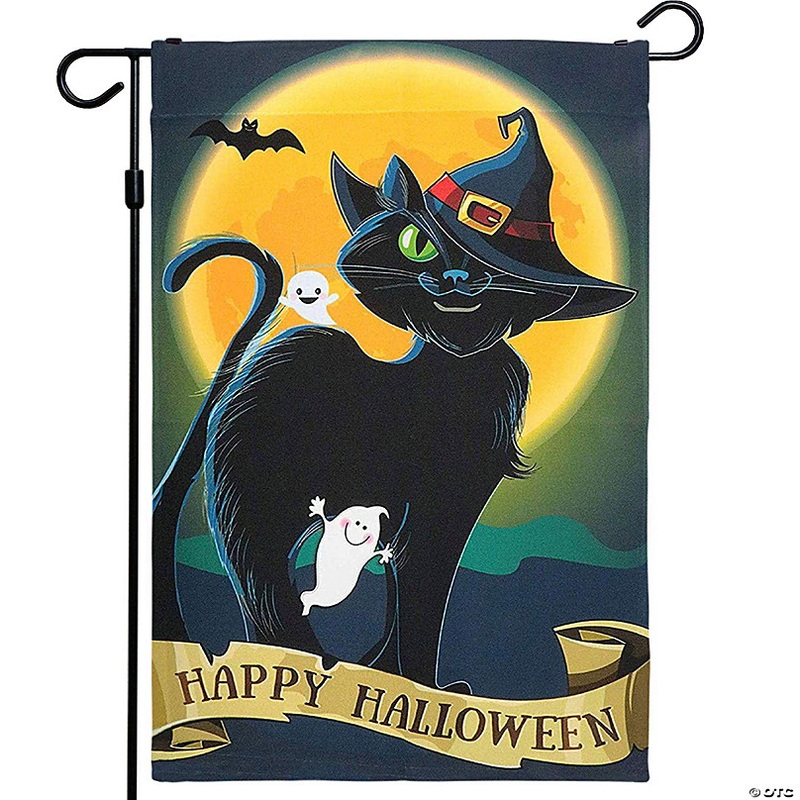 G128  Halloween Garden Flag, Happy Halloween Quote with Black Cat Garden Yard Decorations, Rustic Holiday Seasonal Outdoor Flag 12 x 18 Inch