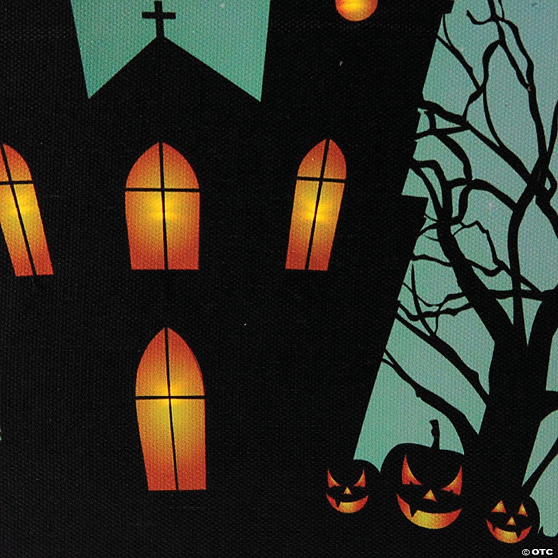 Northlight Green and Black LED Lighted Eerie Church in Cemetery Halloween Canvas Wall Art 23.5 x 15.5