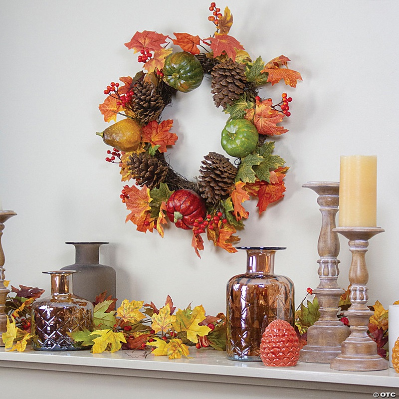 Northlight Leaves  Pine Cones and Pumpkins Artificial Fall Harvest Wreath - 20-Inch  Unlit