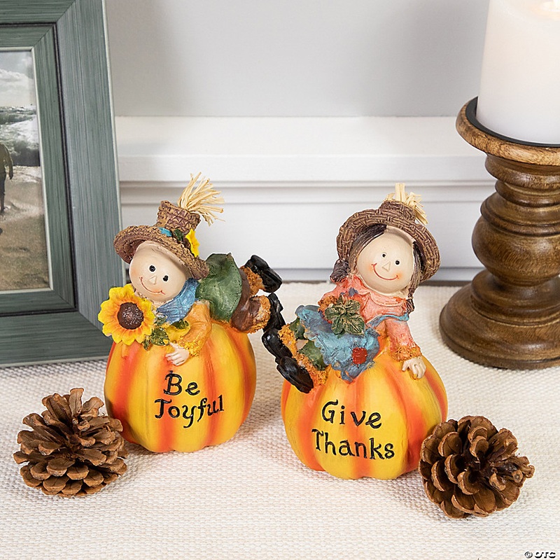 Northlight Set of 2 Girl and Boy Scarecrow Pumpkins With Sunflowers and Leaf's Fall Figurines - 6.5