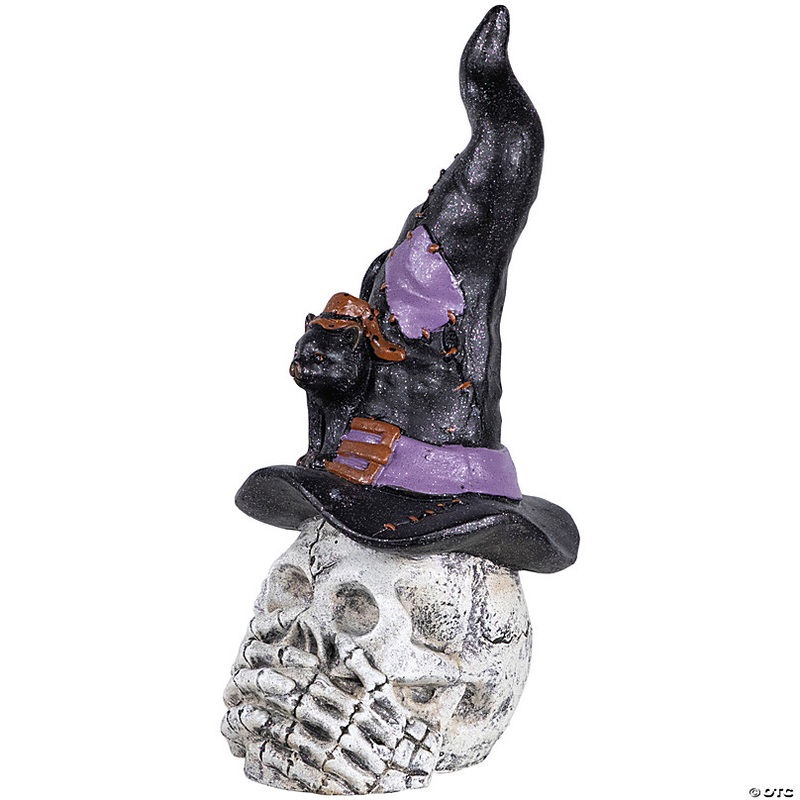 22.75 Skull in Witch Hat with Black Cat Halloween Decoration