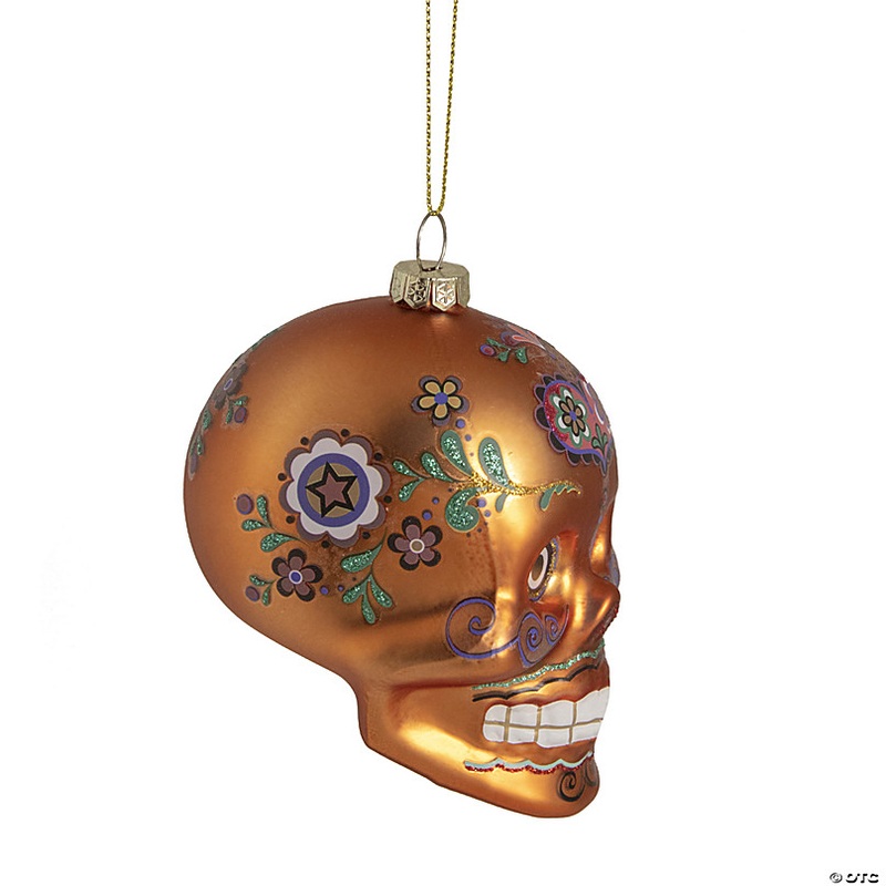 4 Orange Day of the Dead Glass Skull Halloween Ornament