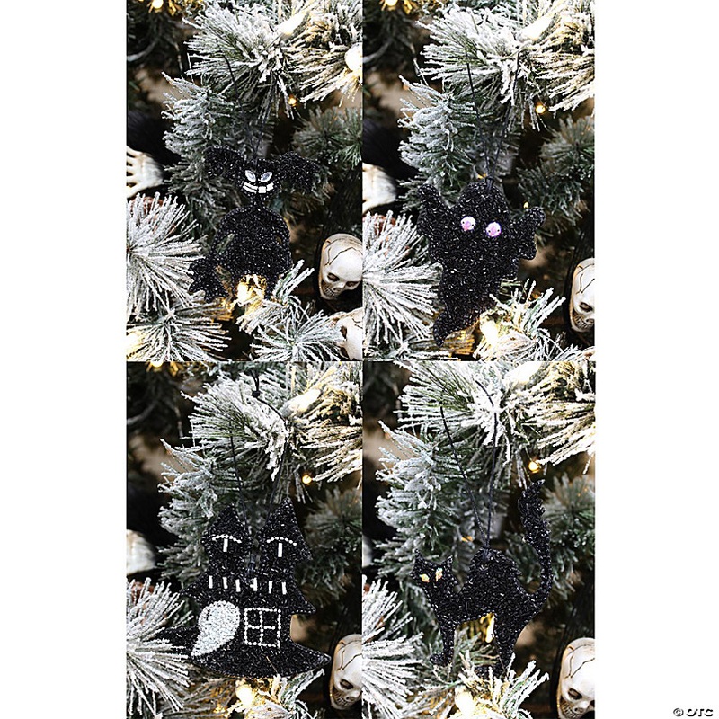 Decorae Beaded Hanging Halloween Ornaments (Set of 5, Black); Reversible Spooky Tree Decorations