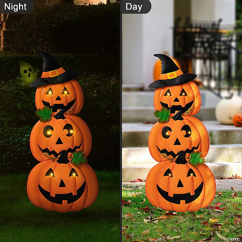Glitzhome 39.75H Set of 3 Halloween Lighted Metal Stacked Jack-O-Lantern Yard Stake or Hanging Decor with Timer (KD, Two function)