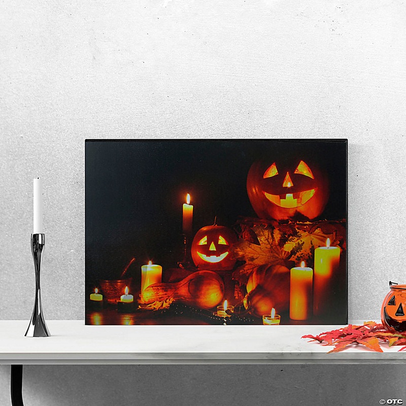LED Lighted Jack-O-Lanterns and Leaves Halloween Canvas Wall Art 15.75 x 23.5