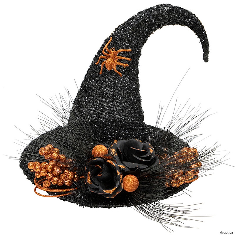 16 Black Tinsel Witch's Hat with Orange Glittered Roses Halloween Decoration