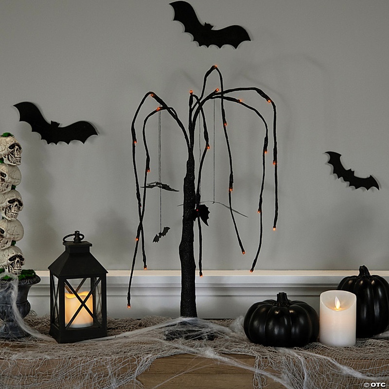 24 LED Lighted Black Glittered Halloween Willow Tree with Bats - Orange Lights