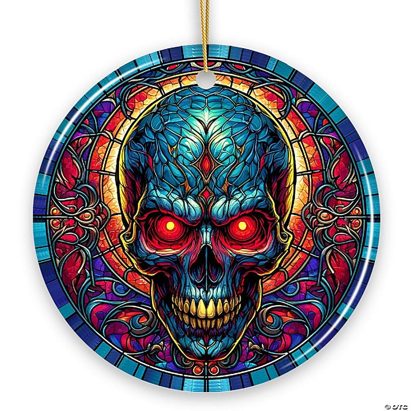 Bone-Chilling Spooky Skull Stained Glass Style Ceramic Ornament, Halloween Themed Christmas Gift and Decor, OrnamentallyYou