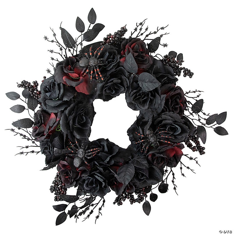 Burgundy and Black Roses with Spiders Halloween Wreath  24-Inch  Unlit