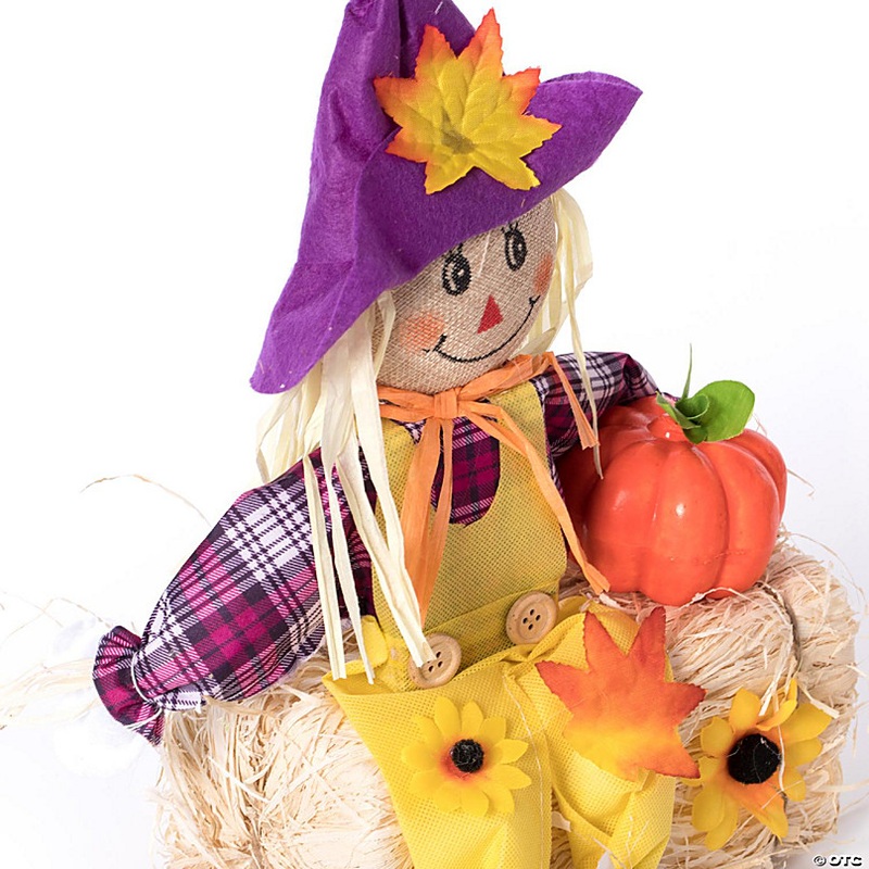 Gardenised Outdoor Fall Decor Halloween Scarecrow for Garden Ornament Sitting on Hay Bale, Straw Multicolor, Set of 3, 16 in.