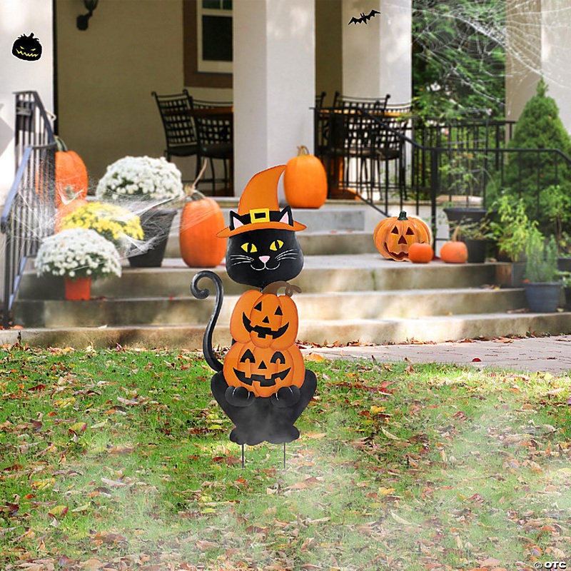 Glitzhome 36H Halloween Metal Black Cat with Spring Head and Stacked Pumpkin Yard Stake(KD)