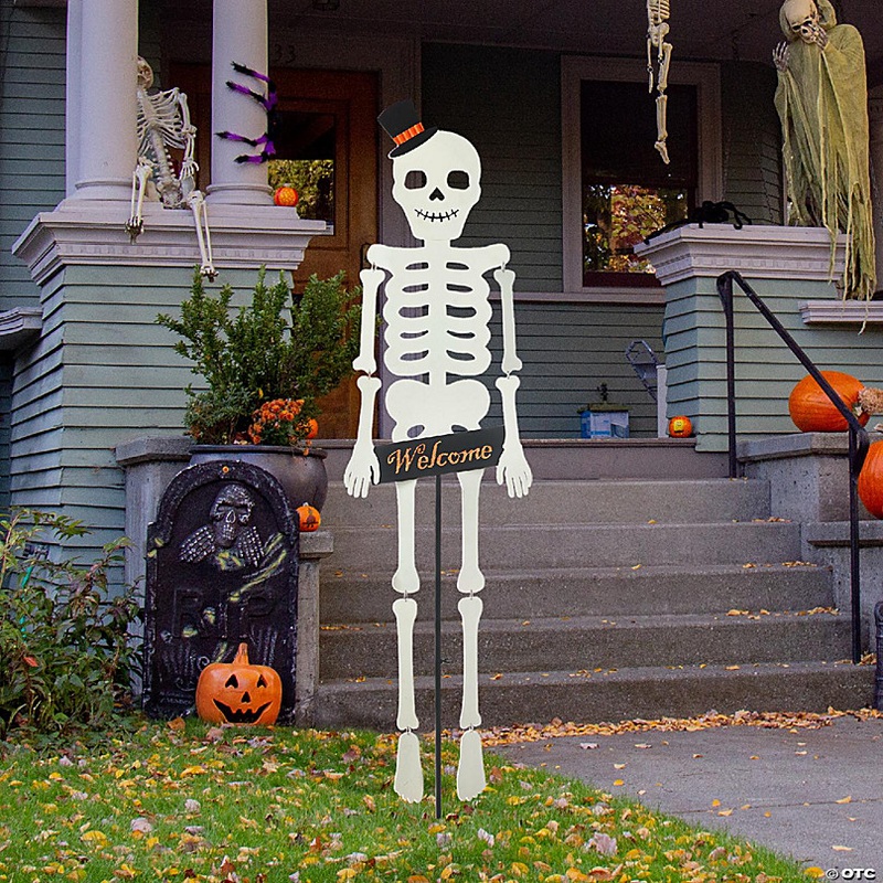 Glitzhome 60H Halloween WELCOME Metal Dangling Skeleton Yard Stake( KD,Two function)