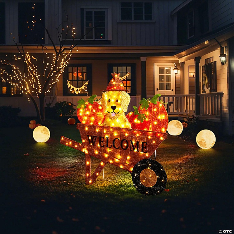 Glitzhome Set of 2 36.25L Lighted Fall  Pumpkin Wheel Barrow with Labrador Outdoor Dcor (KD