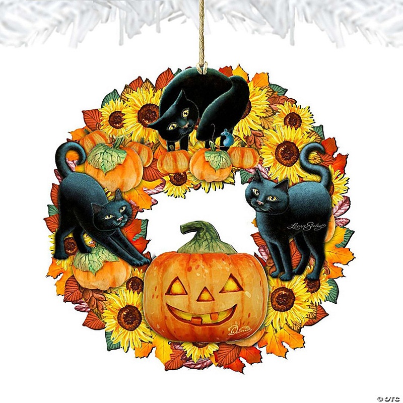 Halloween Cats Wreath Wooden Ornament by G. DeBrekht and L. Seeley - Thanksgiving Halloween Decor