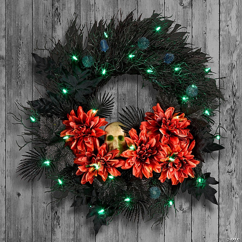 National Tree Company 24 Artificial Boo-tiful Halloween Wreath with Orange Florals and White Skull, 30 Green LED Lights, Battery Operated