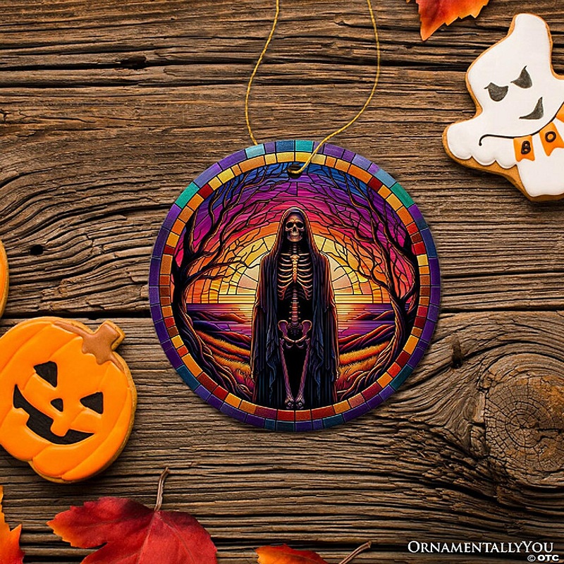 Bony Fright Halloween Skeleton Decor Stained Glass Style Ceramic Ornament, Halloween Themed Christmas Gift and Decor, OrnamentallyYou