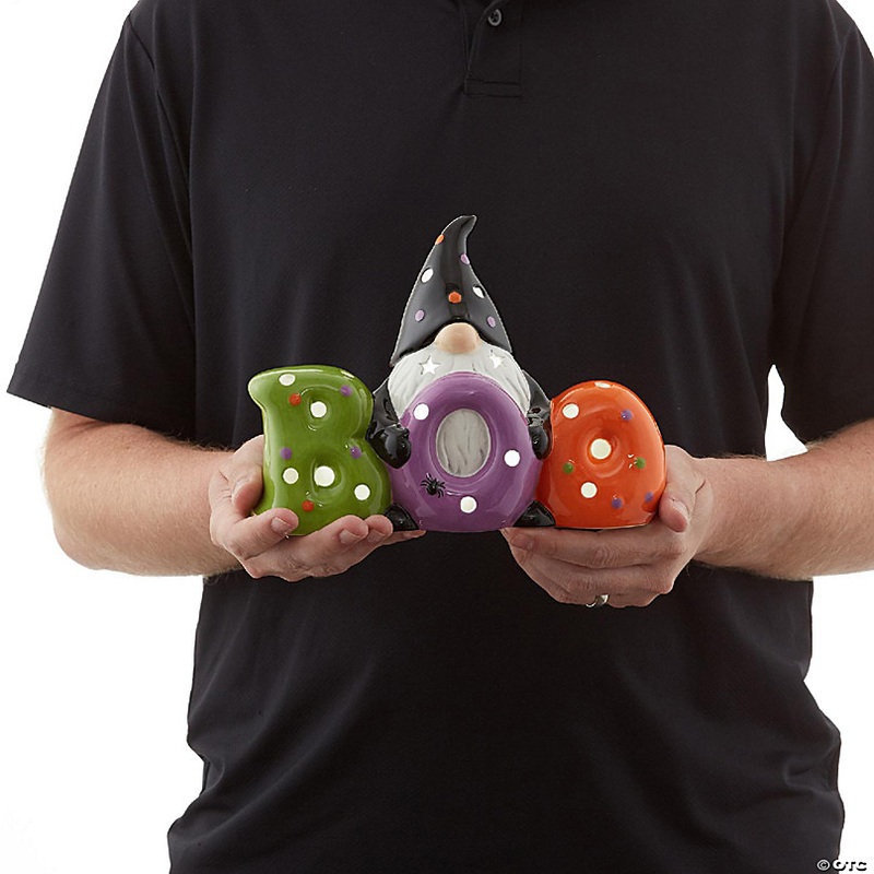 Casafield Pre-Lit Ceramic Halloween BOO Gnome Hand-Painted Tabletop Decor