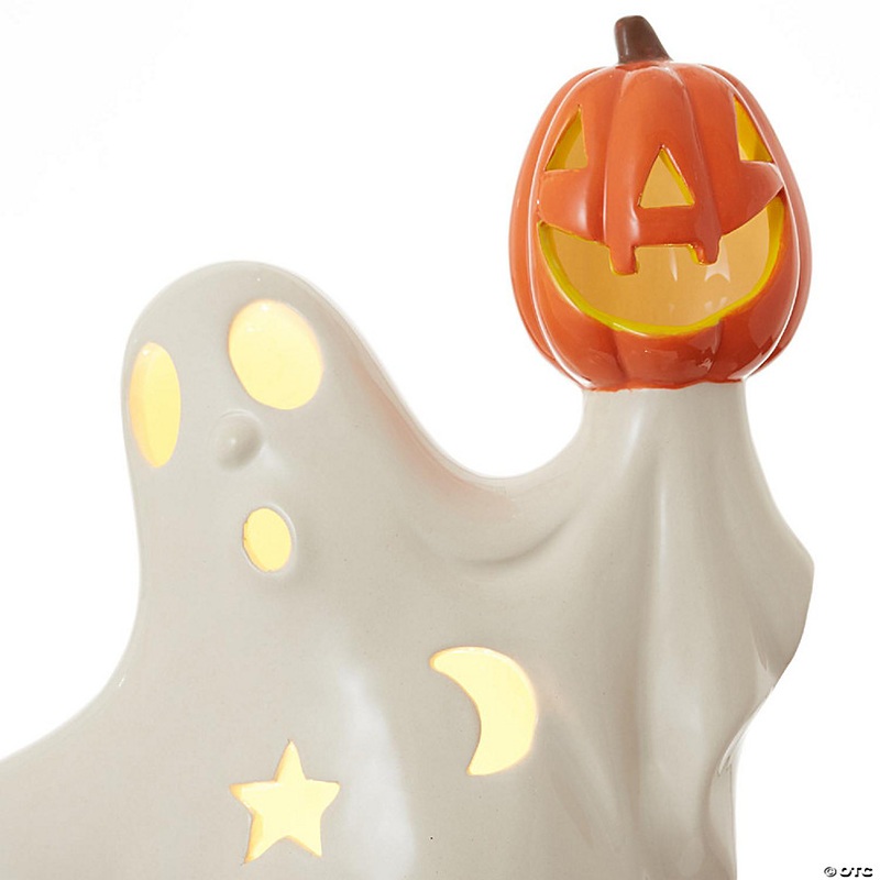 Casafield Pre-Lit Ceramic Halloween Ghost Holding Pumpkin Hand-Painted Tabletop Decor