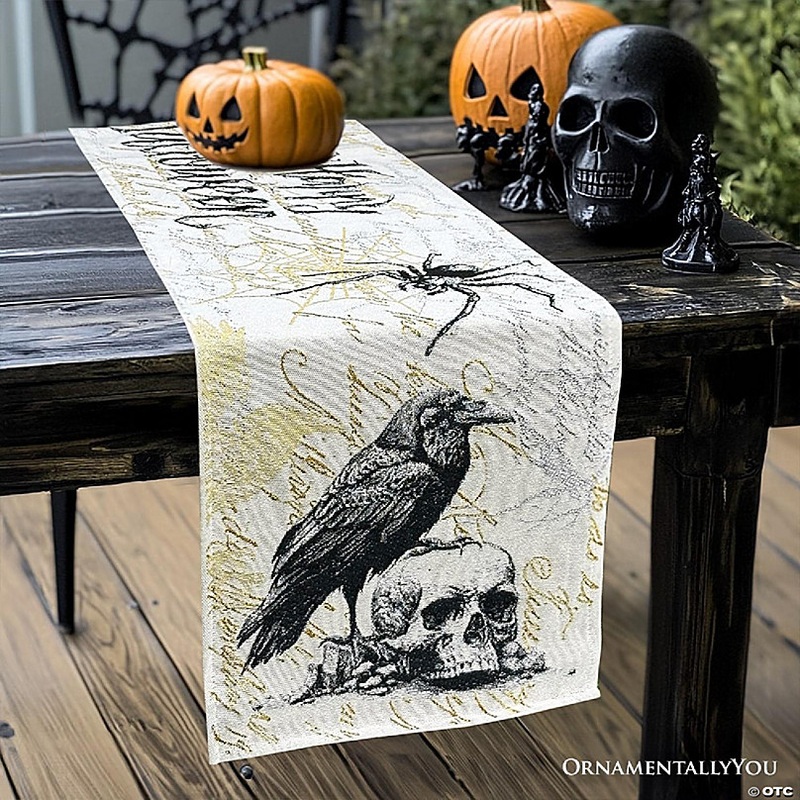 Elegant 72 Gothic Jacquard Table Runner, Halloween Tablecloth with Spider Webs and Black Ravens, OrnamentallyYou