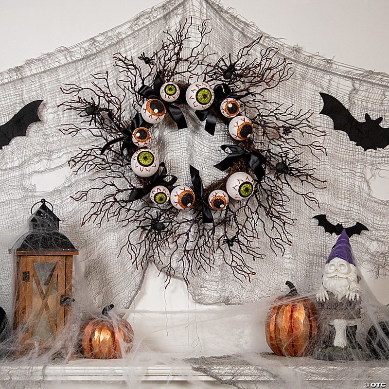 Eyeballs and Spiders Halloween Twig Wreath  24-Inch  Unlit