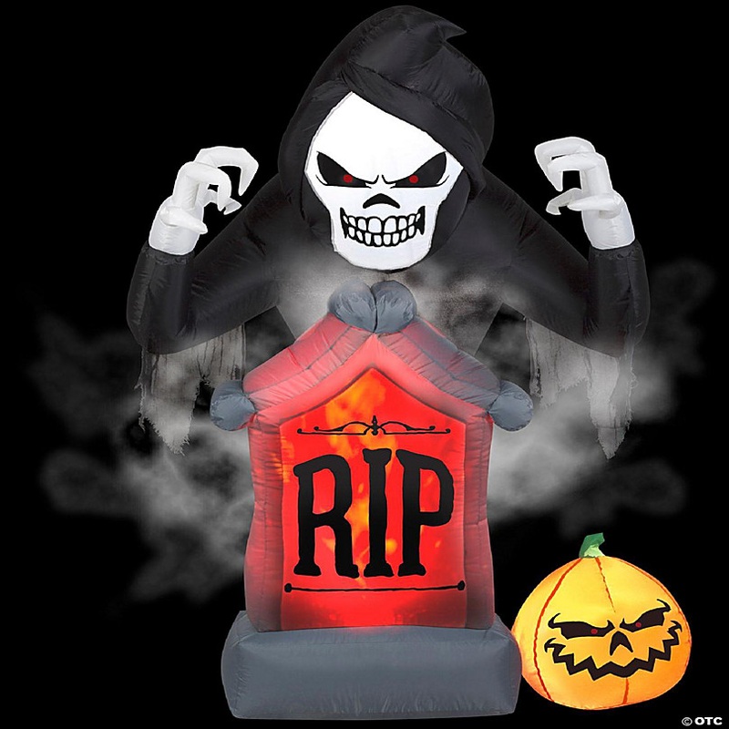 Gemmy Animated Projection Airblown Fog Effect Fire & Ice Shaking Reaper with  Tombstone and Pumpkin  6 ft Tall