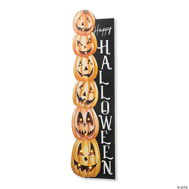 Glitzhome 42H Lighted Halloween Wooden Stacked Pumpkins Porch Sign with Timer
